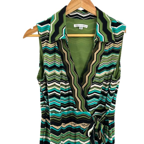 Sandra Darren Dress Womens 10 Green Chevron Side Tie V Neck Lined - Picture 3 of 11